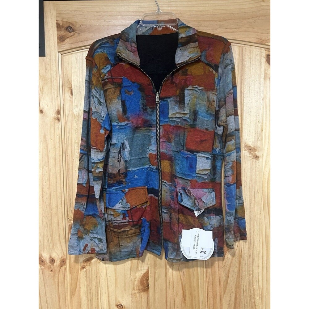 Parsley & Sage Women’s Reversible Full Zip Jacket Black Multi Color Abstract M